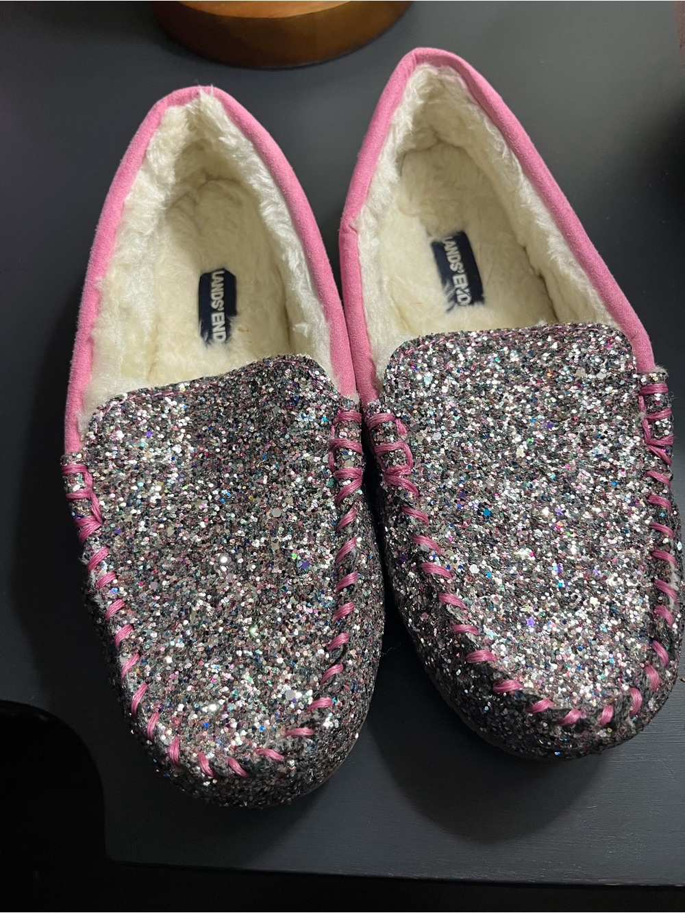 Lands' End Women’s Pink-Trim Glitter Moccasin Slippers